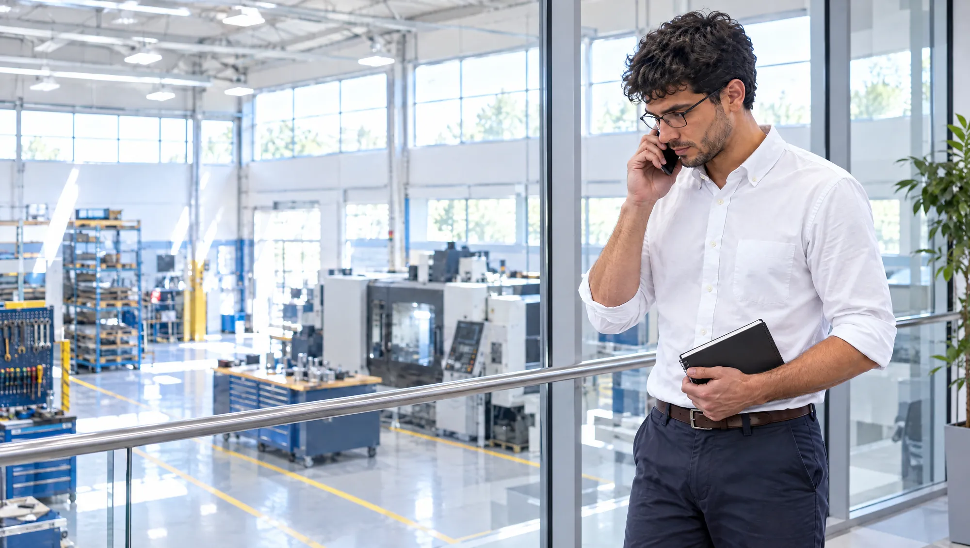 El profesional de Estudio TREO habla por celular en el entrepiso vidriado de una planta industrial, con un cuaderno en la mano