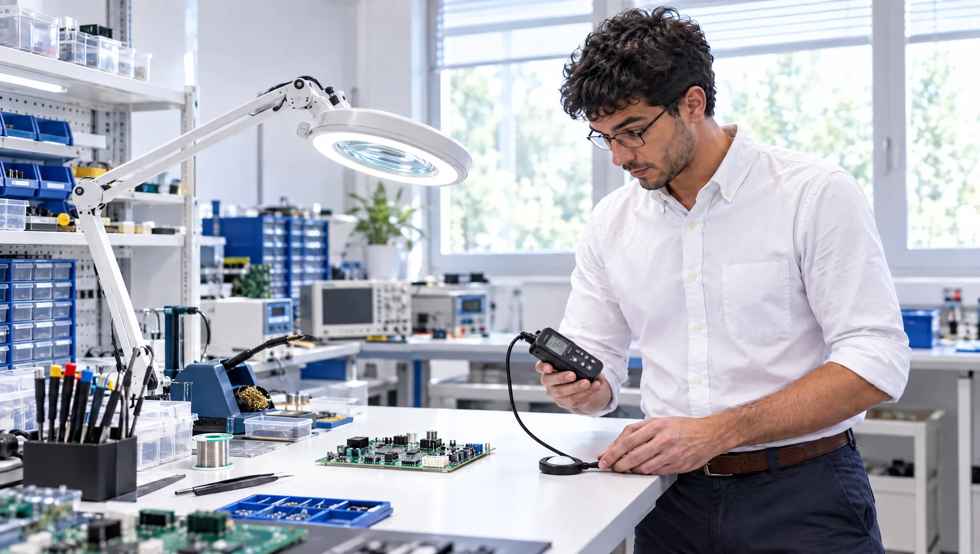 El profesional de Estudio TREO apoya el sensor del luxómetro sobre un banco de armado de electrónica, junto a una placa, y lee el valor en el instrumento